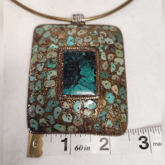 Silver & Gold Mosaic Turquoise Necklace - Picture 11 of 15